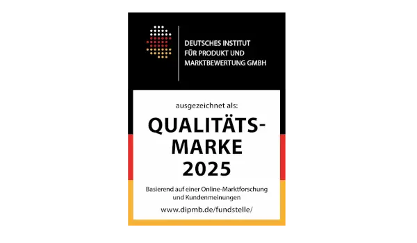 Auszeichnungssiegel des Deutschen Instituts für Produkt- und Marktbewertung GmbH mit dem Titel „Qualitätsmarke 2025“. Der Text verweist darauf, dass die Auszeichnung auf einer Online-Marktforschung und Kundenmeinungen basiert.